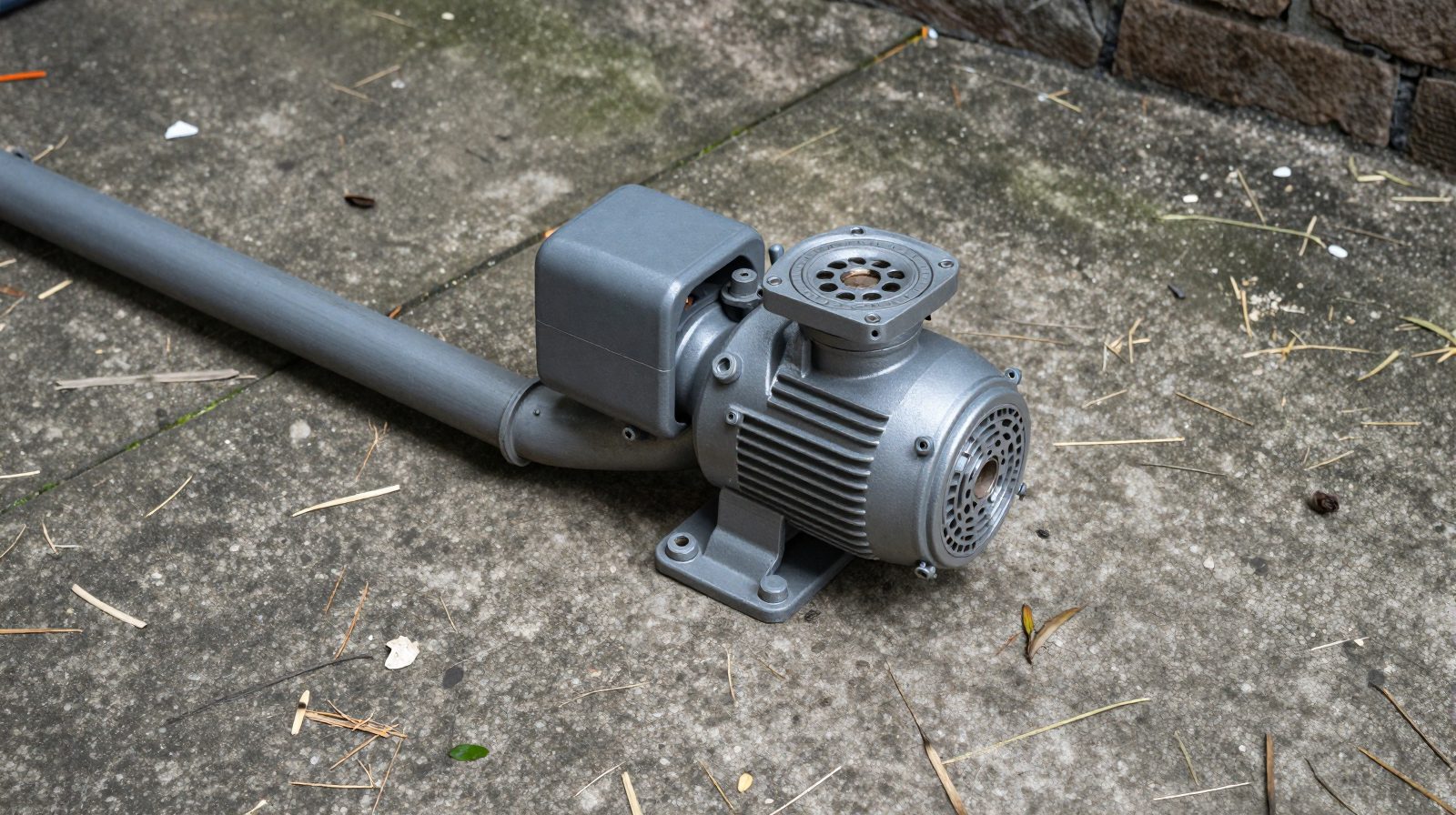 A pool pump and pipes on a concrete pad