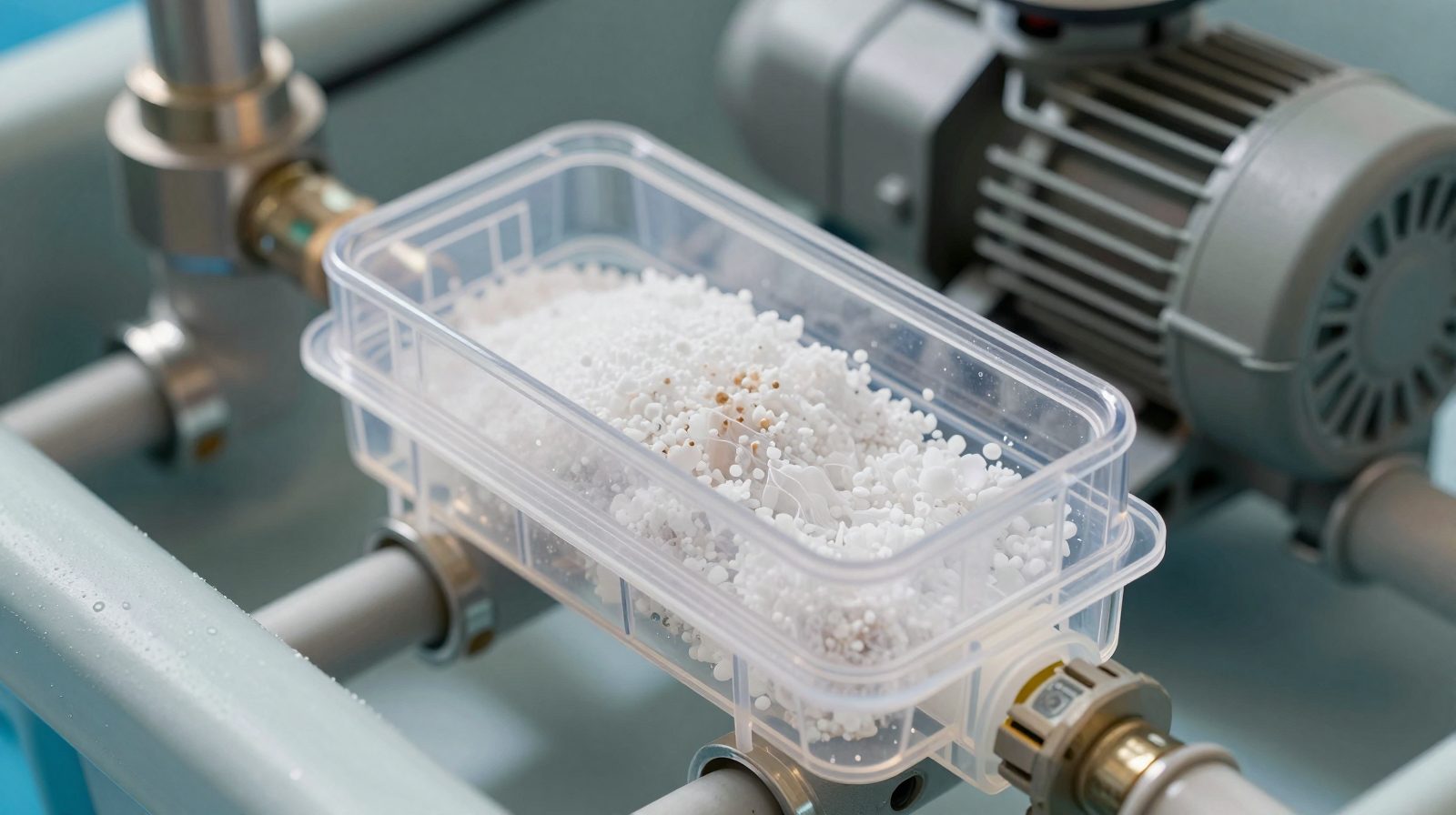 A salt chlorinator cell on pool equipment pipes