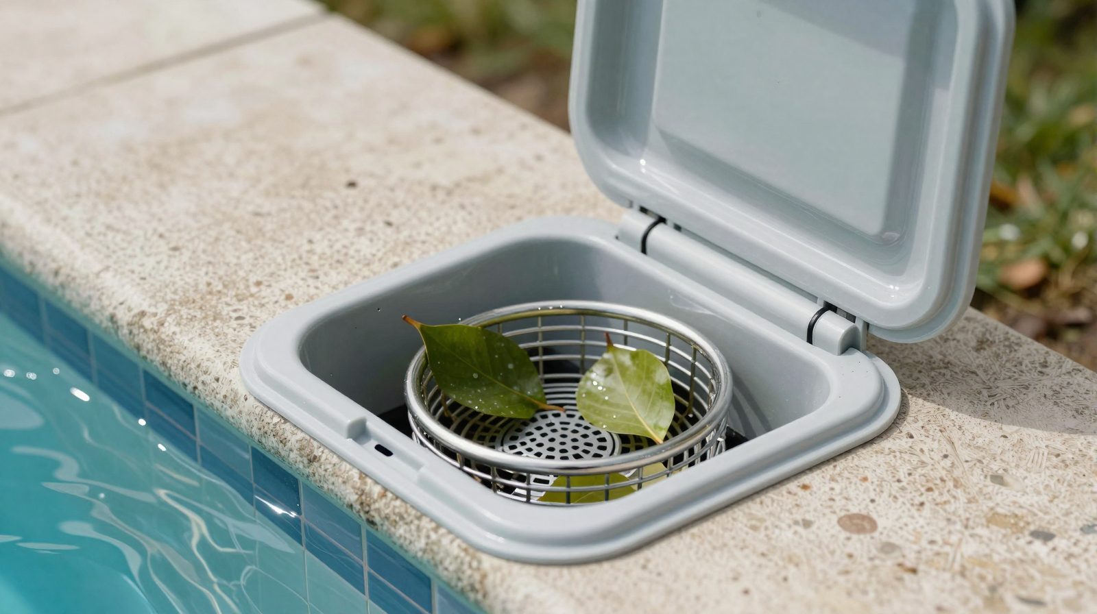 A skimmer box with leaves in the basket